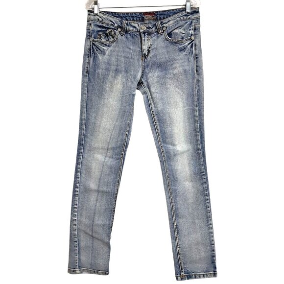 Bongo Fearless Denim - Y2K Bongo Jeans Size 5 Fearless Rhinestones Low Rise Heart Pocket Stretch Distre